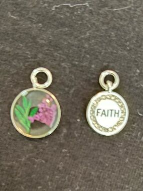 Silver 'Faith' Round Charm and Floral Disc Bracelet Charms - Purple & Green